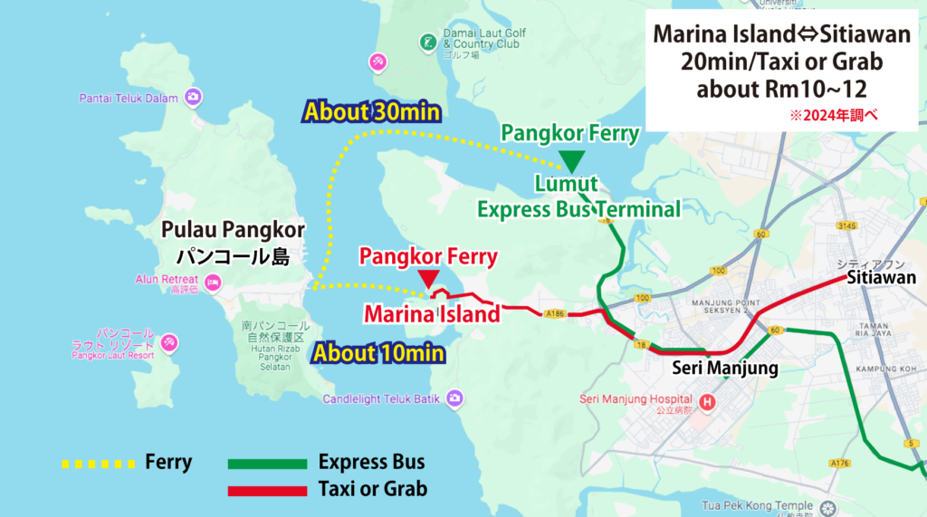 SitiawanからMarina IslandへはTaxi or Grabが便利です