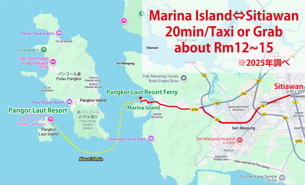 SitiawanからMarina islandへはTaxi またはGrab利用が便利です