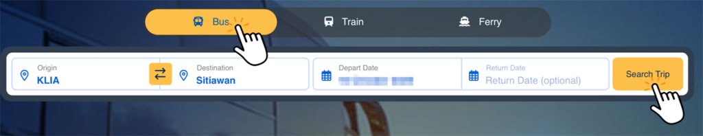 出発地=KLIA、到着地=Sitiawan、日付を入力