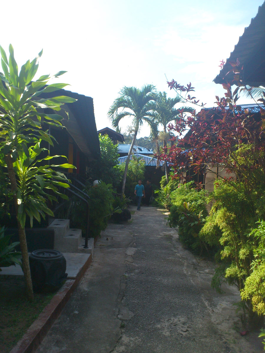 木造シャレーが建ち並ぶ敷地の奥にアパートメントタイプの客室建物が建っています。